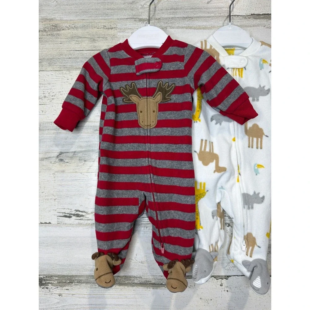 Carter's Fleece Sleepers Bundle Boys Newborn Multi Reindeer Safari Cozy
